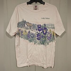 Art Unlimited Sportswear Womens XL T-Shirt Lake Tahoe Floral Cabin Made In USA